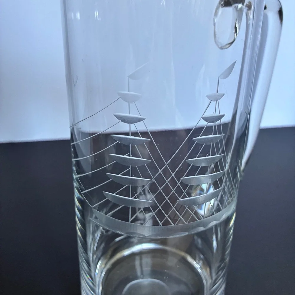 MidCentury Glass Pitcher Etched Sailboat Nautical Coastal Barware Maritime Beach